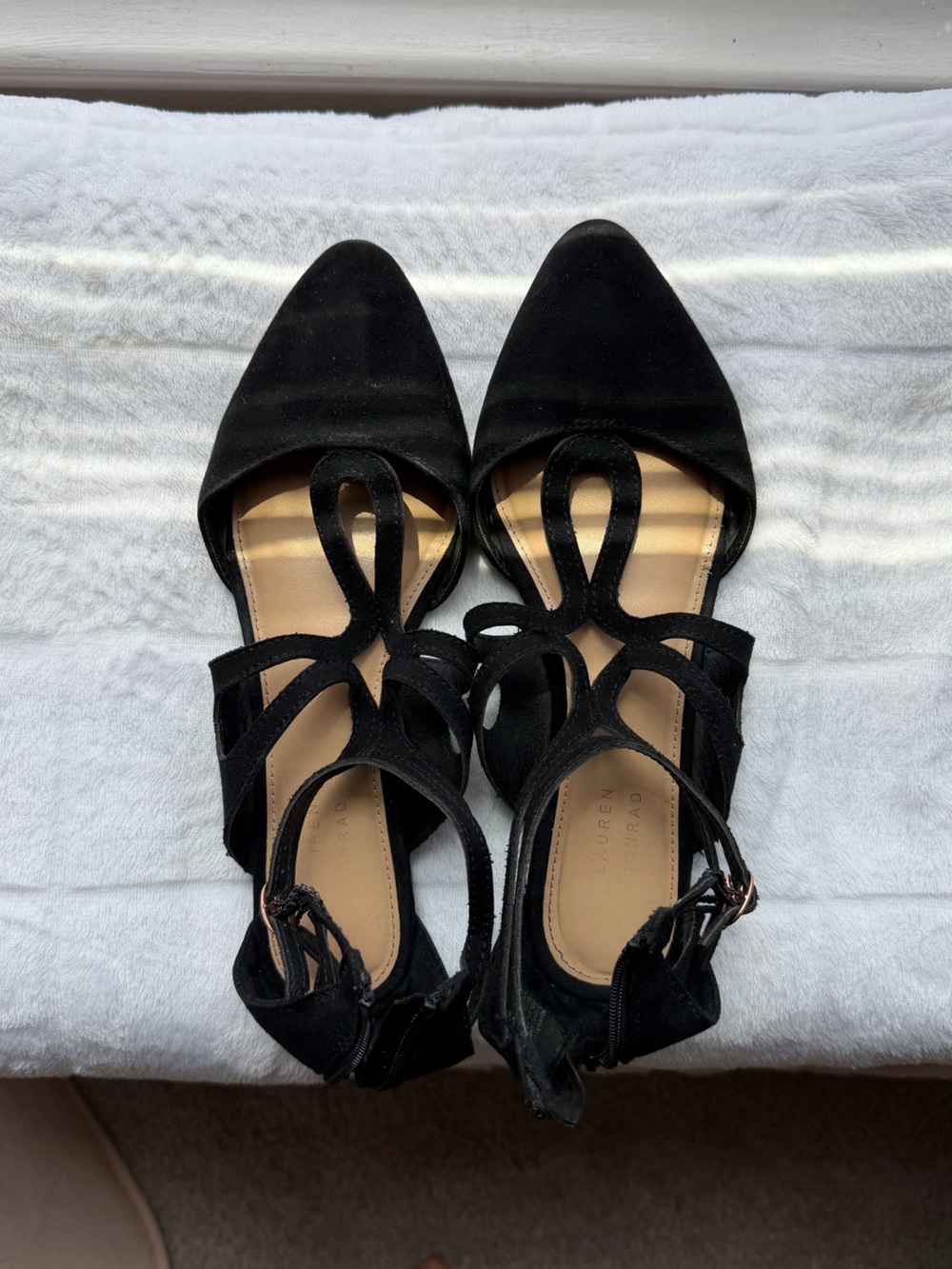 LC Lauren Conrad Black Suede Pointed-Toe Cutout Heels